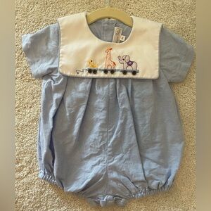 Blue Baby Romper with Animal Embroidery